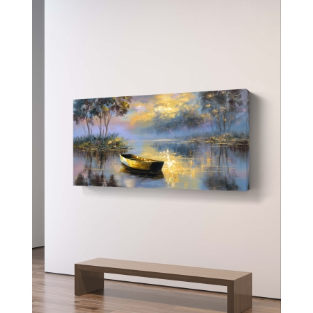 תמונת קנבס עם סירה מוזהבת שטה באגם שקט, מוקפת בעצים וקרני שמש זהובות בשקיעה, בהדפסה חלקה ואיכותית.          Ask ChatGPT