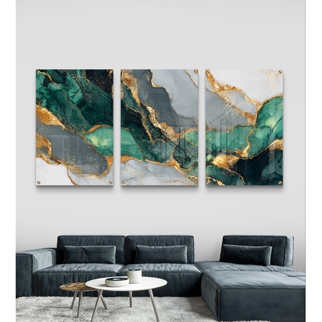 שלישיית תמונות זכוכית אבסטרקטיות בגווני ירוק, טורקיז וזהב עם מראה מינרלי יוקרתי