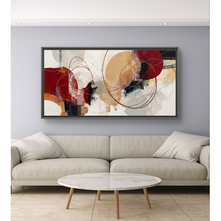 תמונת קנבס לרוחב בסגנון אבסטרקט עם מעגלים וקווים עדינים בגוונים חמים של אדום, בז’ וחרדל, לעיצוב סלון מודרני