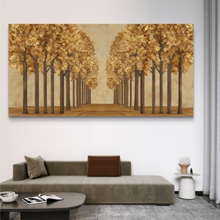 תמונת קנבס המציגה שדרת עצים בגווני זהב על רקע חמים, לעיצוב אלגנטי ומרשים לחלל הבית.