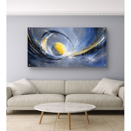 תמונת זכוכית לרוחב אבסטרקטית בגווני כחול וזהב עם ליבה זוהרת לעיצוב סלון מודרני