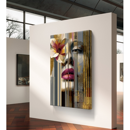 דיוקן נשי עם פרח וצבעי זהב – תמונת קנבס מודרנית יוקרתית | DX5114