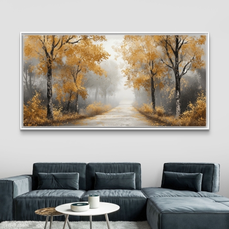 תמונת קנבס לרוחב של יער בגווני זהב ואפור עם שביל מרכזי ותחושת ערפל, מתוך הקולקציה של תכשיט לבית