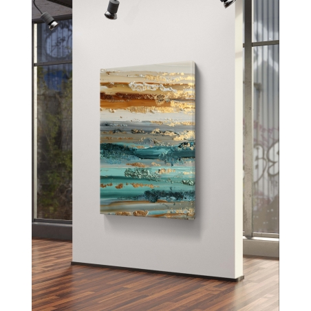 תמונת קנבס אנכית בגווני טורקיז, זהב ונחושת בעיצוב אמנותי מופשט מבית תכשיט לבית