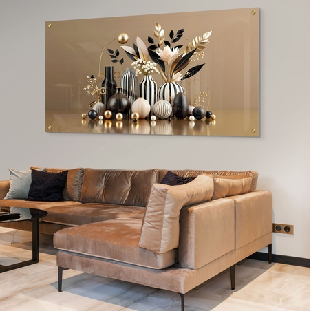 אגרטלים נואר – תמונת זכוכית טבע דומם עם אגרטלים שחור-זהב ופריחה מעוצבת | PN1005