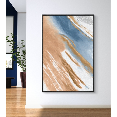 תמונת קנבס מופשטת בגווני חום, כחול ולבן בהדפסה חלקה וללא תבליט – תכשיט לבית