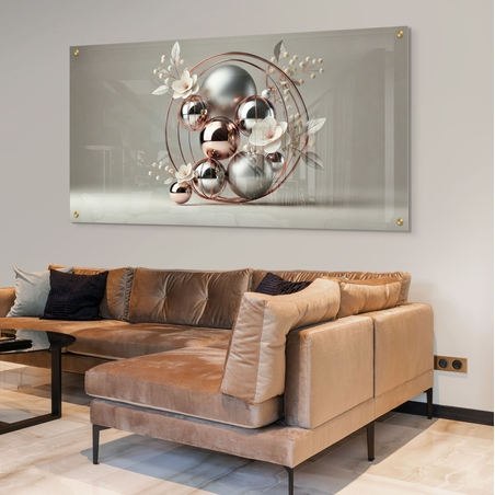 הילה מטאלית – תמונת זכוכית יוקרתית עם כדורים כסופים, טבעות רוז גולד ופרחים עדינים | PN2003