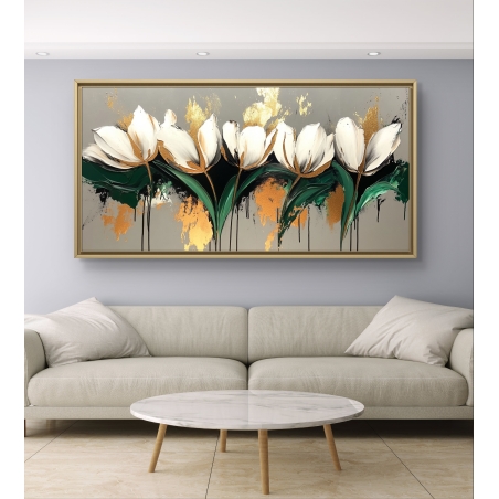 תמונת קנבס לרוחב עם פרחים לבנים ונגיעות זהב, הדפסה איכותית על קנבס מקולקציית תכשיט לבית