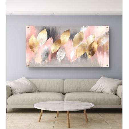 תמונת זכוכית לרוחב עם עלים בגווני זהב, ורוד ואפור על רקע מופשט ומודרני, משדרת רוגע ויוקרה לבית.