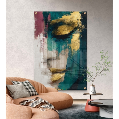 תמונת זכוכית מודרנית של דיוקן נשי מופשט בגווני תורכיז, בורדו וזהב – תכשיט לבית