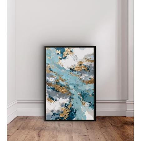 תמונת קנבס אבסטרקטית בגווני תכלת, כחול ולבן עם נגיעות זהב בעיצוב יוקרתי ואלגנטי לבית