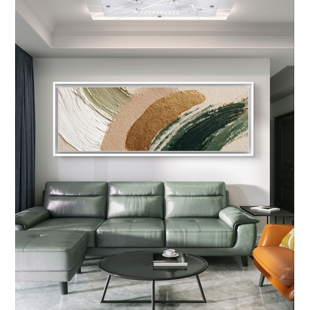 קשתות חול וזית – תמונת קנבס פנורמית אבסטרקטית בטקסטורת מכחול בגווני ירוק, בז׳ וזהב | CT4674