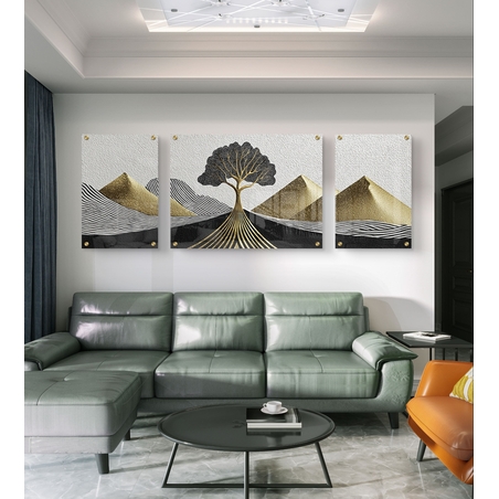 תמונת זכוכית מחולקת טריפטיכון עם עץ מוזהב ופסגות זהב על רקע קווים שחורים – תכשיט לבית