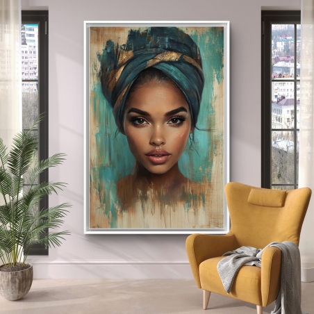 תמונת קנבס של אישה עם טורבן בגווני טורקיז וזהב – פורטרט נשי עוצמתי ומעודן בסגנון אמנותי