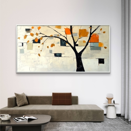 תמונת קנבס בעיצוב עץ מופשט עם עלים כתומים ורקע גאומטרי בגווני בז’, אפור ושחור – מתוך קולקציית תכשיט לבית.
