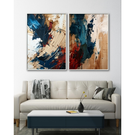 זוג תמונות על בד כותנה סגנון אבסטרקט גוונים חום/זהב/כחול/אדום דגם - A19005