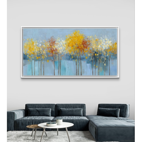 תמונת קנבס של עצים עדינים בגווני תכלת, צהוב ולבן על רקע בהיר