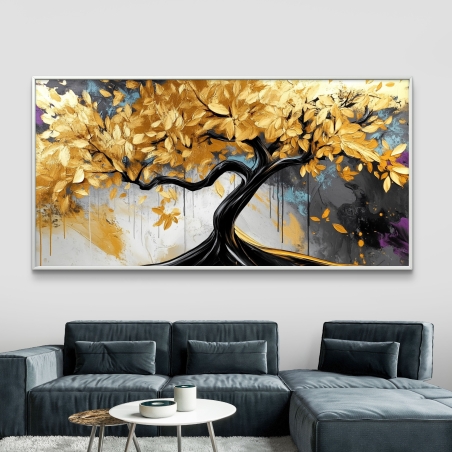 תמונת קנבס לרוחב עם עץ בעל גזע שחור מתפתל ועלים זהובים, על רקע בגווני שחור, לבן, אפור וסגול – מתוך קולקציית תכשיט לבית.