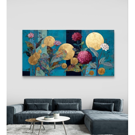 גן הזהב הבוטני – תמונת קנבס פרחים וזהב על רקע טורקיז | CY4512