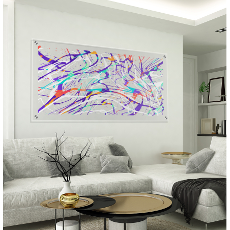 תמונת זכוכית ייחודית מופשט צבעוני עם רקע שקוף לסלון למשרד או לחדר עבודה דגם C1823