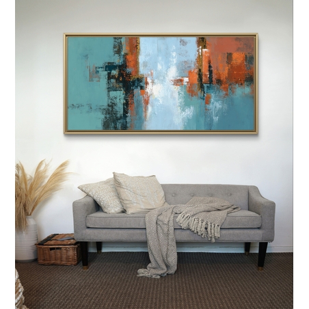 תמונת קנבס אבסטרקט בטורקיז וחלודה עם טקסטורות שכבתיות וקונטרסט מודרני