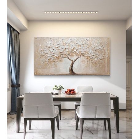 עץ פריחה לבנה על זכוכית – תמונת זכוכית יוקרתית בגווני שמנת, פנינה ובז׳ | GX4171