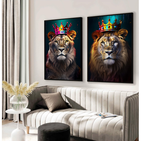 זוג תמונות אריה ולביאה בצבעים על קנבס או זכוכית  דגם - 150923