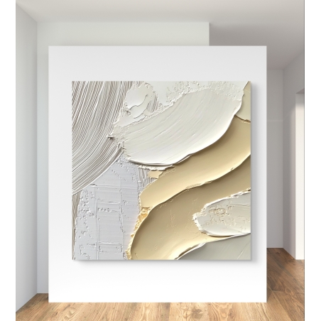 תמונת קנבס מרובעת עם טיח בגוונים בהירים של שמנת, בז' ואפור, בעיצוב מופשט מודרני ומרקמי.