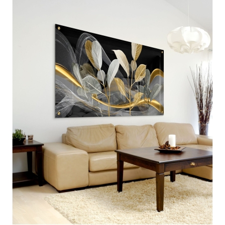 תמונת זכוכית לרוחב עם עלים מוזהבים על רקע כהה מופשט – עיצוב מודרני יוקרתי לבית