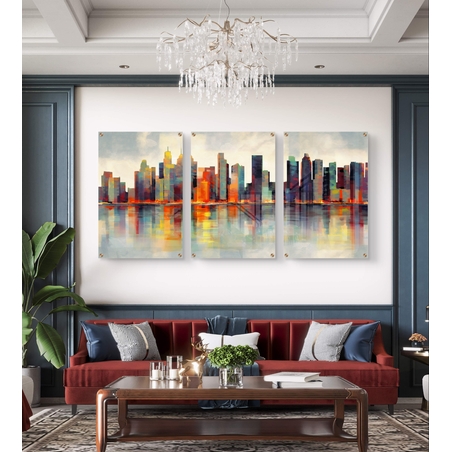 שלישיית תמונות זכוכית עם קו רקיע עירוני אבסטרקטי והשתקפות במים בגווני טורקיז וכתום