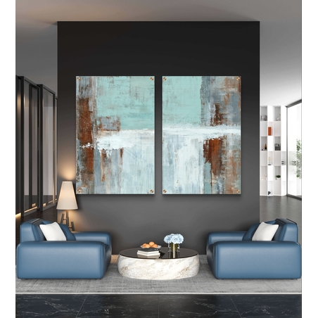 סט תמונות זכוכית זוגי בגווני טורקיז, לבן וחלודה בעיצוב אבסטרקטי – תכשיט לבית