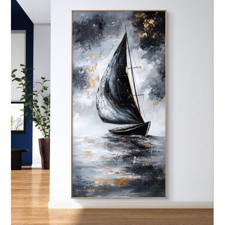 תמונת קנבס של סירה במים עם שילוב של שחור וזהב, רקע אפור אומנותי.