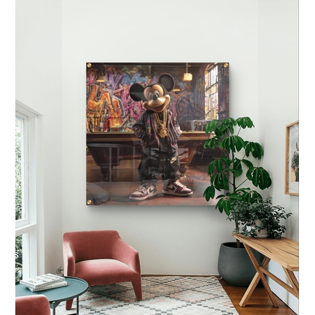 תמונת זכוכית מרובעת עם דמות מיקי בסגנון רחוב אורבני ורקע גרפיטי צבעוני, הדפסה חלקה ללא תבליט