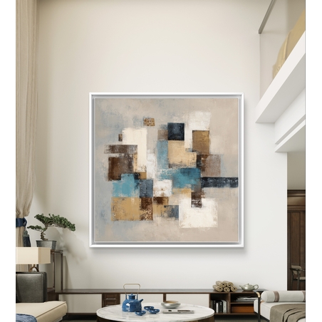 תמונת קנבס אבסטרקט גיאומטרי עם בלוקים בבז׳, שמנת, תכלת וכחול על רקע בהיר