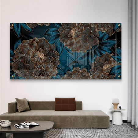 תמונת זכוכית רוחבית עם פרחים בגווני זהב וחום ועלה טורקיזי על רקע שחור – הדפסה חלקה, יוקרתית ומרהיבה מקולקציית תכשיט לבית
