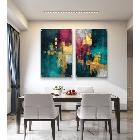 תמונת זכוכית זוגית אבסטרקטית בגווני טורקיז ובורדו עם נגיעות זהב, הדפסה חלקה ללא תבליט