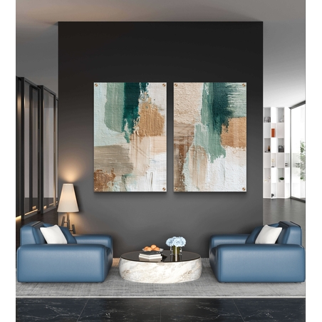 סט תמונות זכוכית זוגי אבסטרקטי בגווני בז’ וירקרק בעיצוב מודרני ורגוע