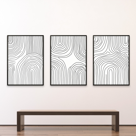 שלישיית תמונות קנבס בעיצוב מינימליסטי של קווים עדינים שחורים על רקע לבן, מקולקציית NEXTGEN BY BAR מבית תכשיט לבית.