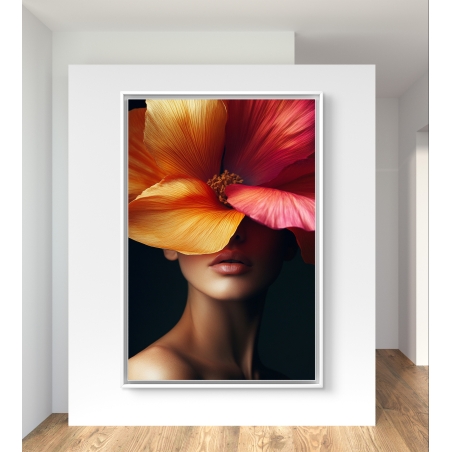 תמונת קנבס של דיוקן נשי עם פרח גדול בגווני כתום וורוד, עיצוב אמנותי ייחודי לקירות הבית.