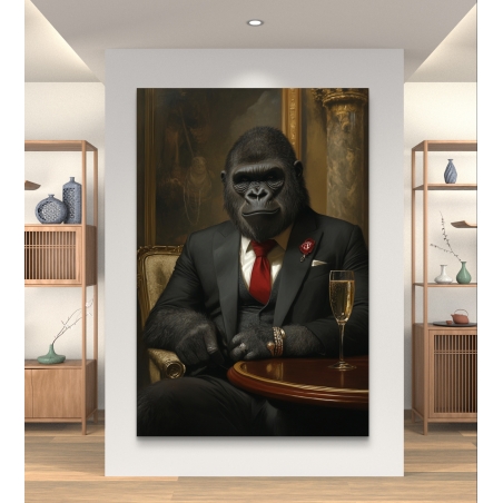 תמונת קנבס של גורילה בלבוש רשמי עם חליפה ועניבה אדומה, יושבת ליד שולחן עם גביע שמפניה.