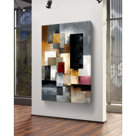 תמונת קנבס גאומטרית בגווני שחור, זהב, אפור ואדום בעיצוב מודרני ואלגנטי מבית תכשיט לבית