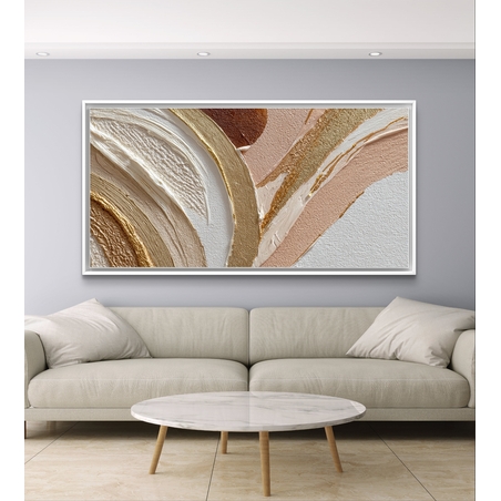 תמונת קנבס אבסטרקטית לרוחב בגווני שמנת, ורוד וזהב עם קווים זורמים ועיצוב אלגנטי