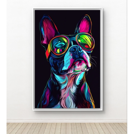תמונת קנבס, פופ-ארט, ניאון, כלב עם משקפיים, עיצוב מודרני, אומנות צבעונית, תמונה לסלון, תכשיט לבית.