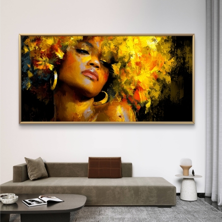 תמונת קנבס עם דיוקן אישה עוצמתית בצבעים עזים של זהב, כתום ושחור, בסגנון ציור מודרני, בהדפסה חלקה ואיכותית.          Ask ChatGPT