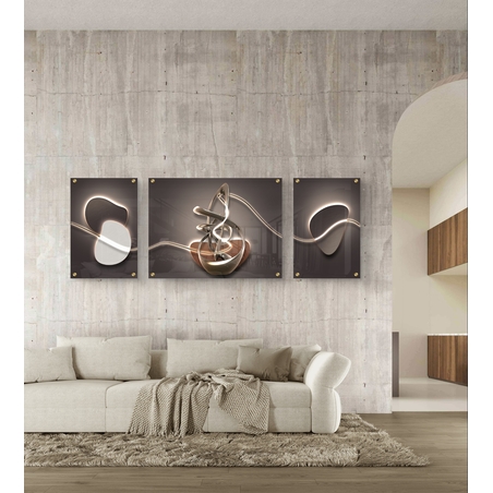 תמונת זכוכית מחולקת בעיצוב אבסטרקטי מודרני עם קווי אור וצורות זורמות