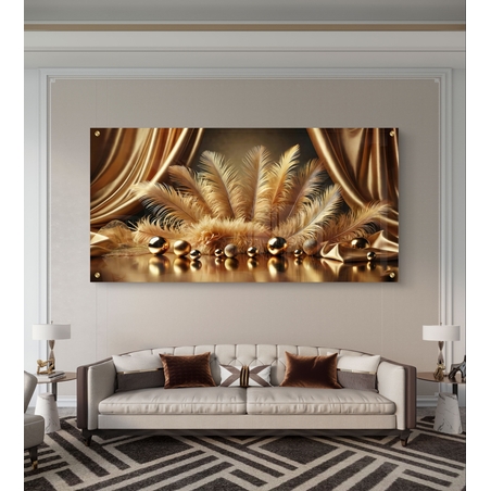 קטיפה מוזהבת – תמונת זכוכית יוקרתית עם נוצות זהב ווילונות דרמטיים | PN2503