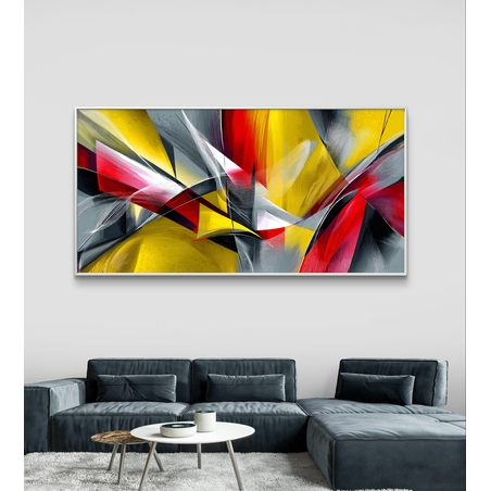 תמונת קנבס אבסטרקטית לרוחב בגווני צהוב, אדום ואפור עם קווים דינמיים ותנועה מודרנית