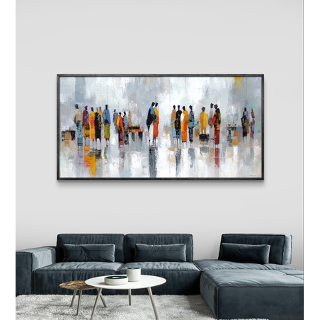 תמונת קנבס לרוחב עם דמויות אבסטרקטיות בצבעים חמים וסגנון מודרני