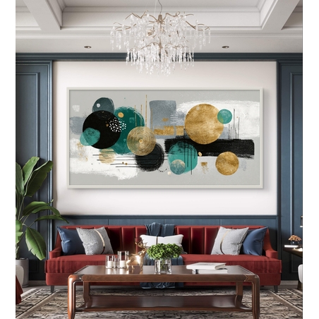 קנבס אבסטרקט עם קומפוזיציית עיגולים וזהב על רקע בהיר.