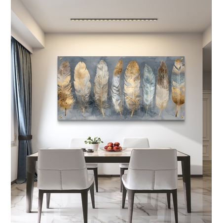 תמונת זכוכית לרוחב עם נוצות בגווני זהב ושמנת בעיצוב אלגנטי ומודרני לסלון